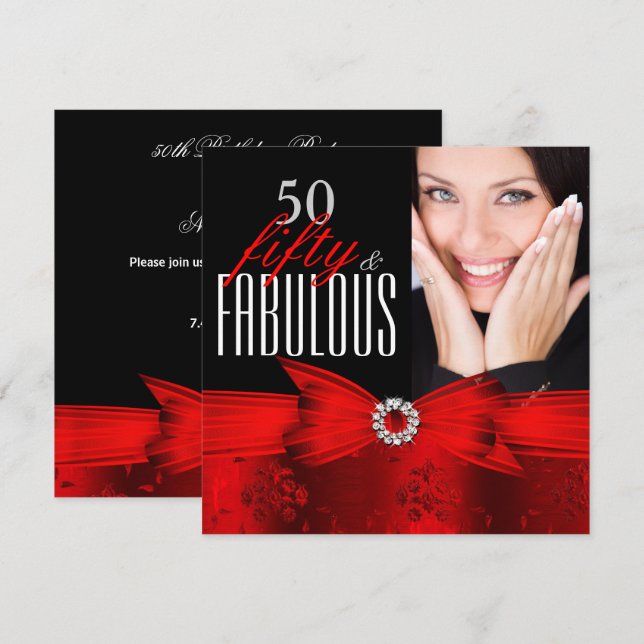 Fabulous 50 Red Black Photo Birthday Party Invitation (Front/Back)