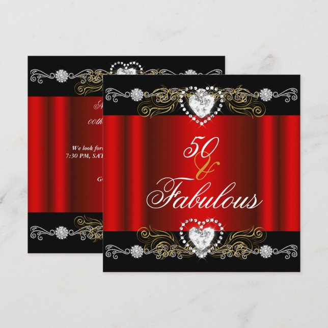 Fabulous 50 Red Black Silver Gold 50th Birthday Invitation (Front/Back)