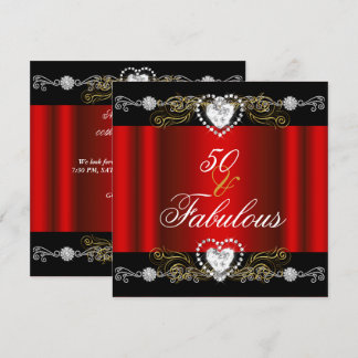 Fabulous 50 Red Black Silver Gold 50th Birthday Invitation