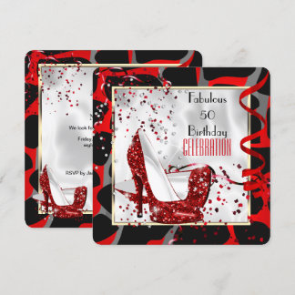 Fabulous 50 Red Black White Wild Birthday Party Invitation