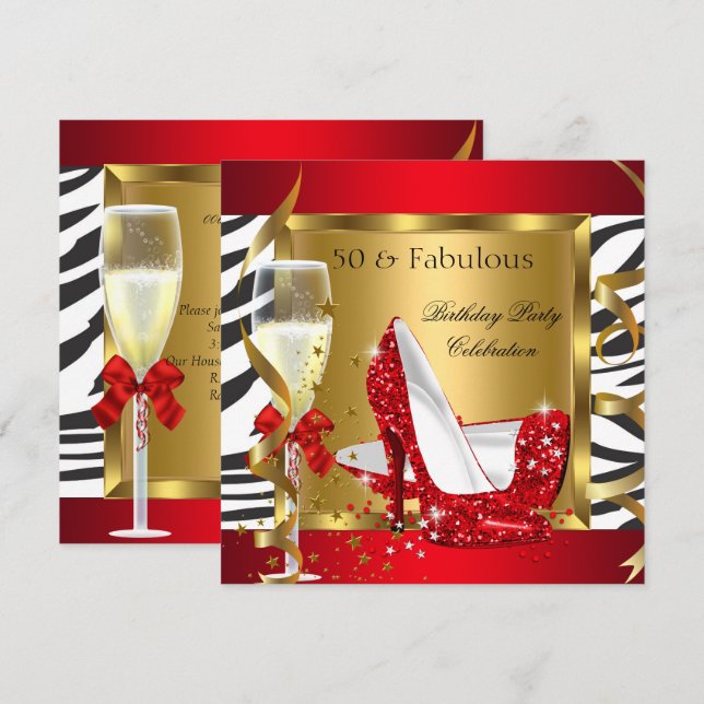 Fabulous 50 Red Glitter High Heel Zebra Champagne Invitation (Front/Back)