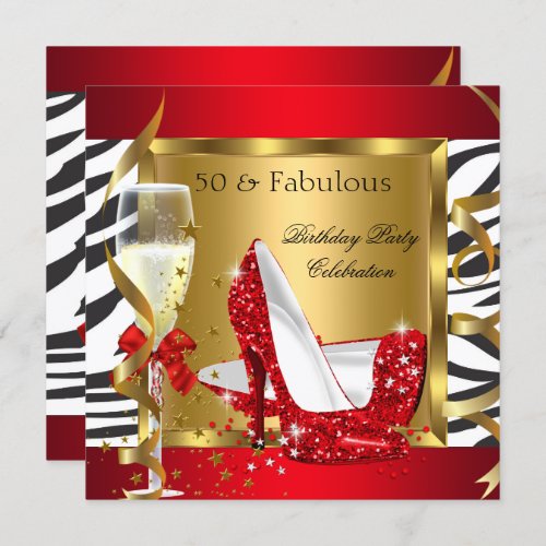 Fabulous 50 Red Glitter High Heel Zebra Champagne Invitation