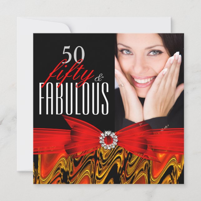 Fabulous 50 Red Gold Black Photo Birthday Party Invitation (Front)