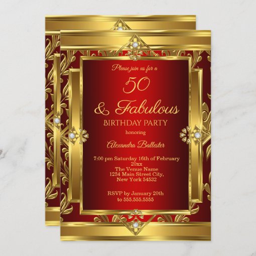 Fabulous 50 Red Gold Damask Birthday Party Invitation Zazzle