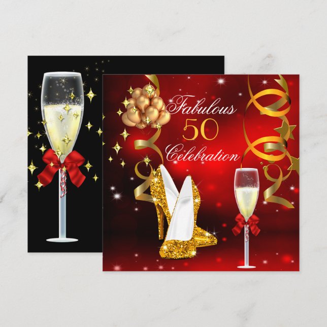Fabulous 50 Red Gold High Heel Champagne Party 2 Invitation (Front/Back)