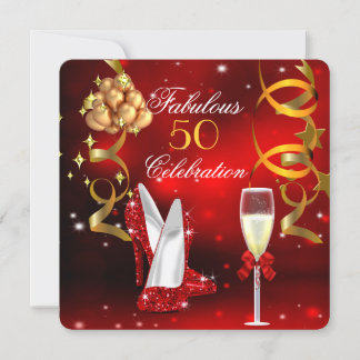 Fabulous 50 Red Gold High Heel Champagne Party Invitation