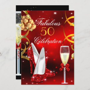 Fabulous 50 Red Gold High Heel Champagne Party Invitation