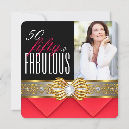 Fabulous 50 Red Gold Photo Birthday Party Invitation