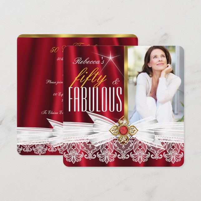 Fabulous 50 Red Gold White Lace Birthday Invitation (Front/Back)