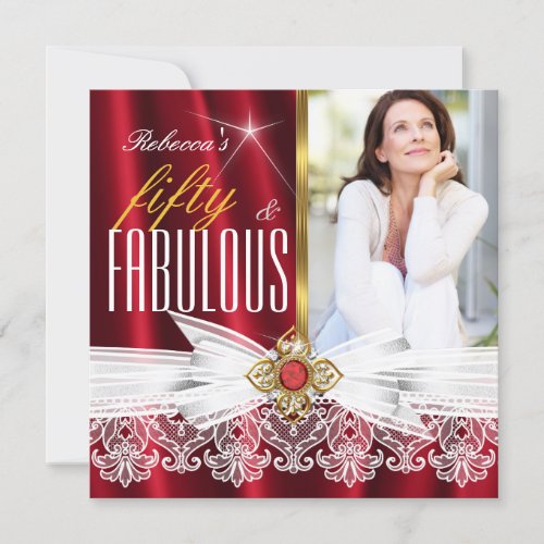 Fabulous 50 Red Gold White Lace Birthday Invitation