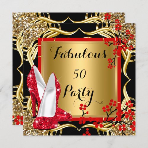 Fabulous 50 Red Heels Blossom Black Glitter Gold Invitation