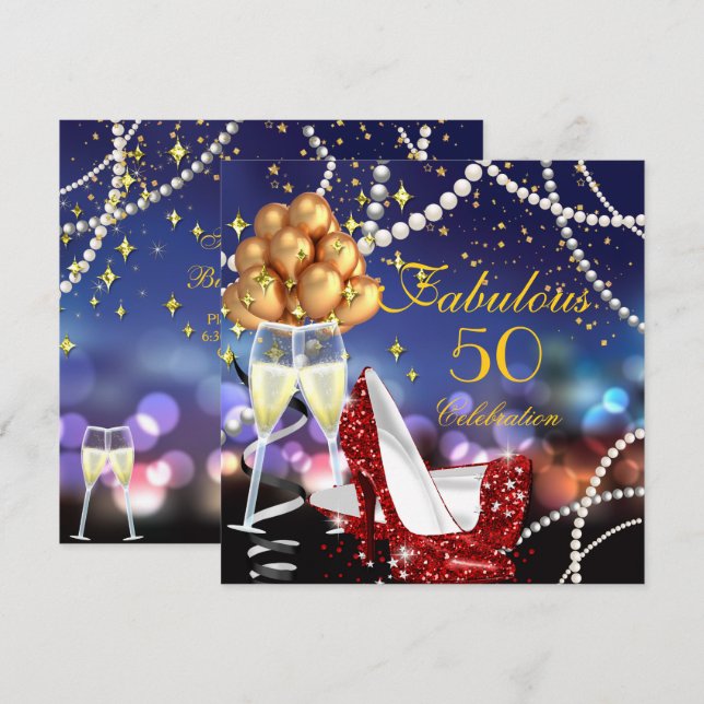 Fabulous 50 Red Heels Champagne Birthday Party Invitation (Front/Back)