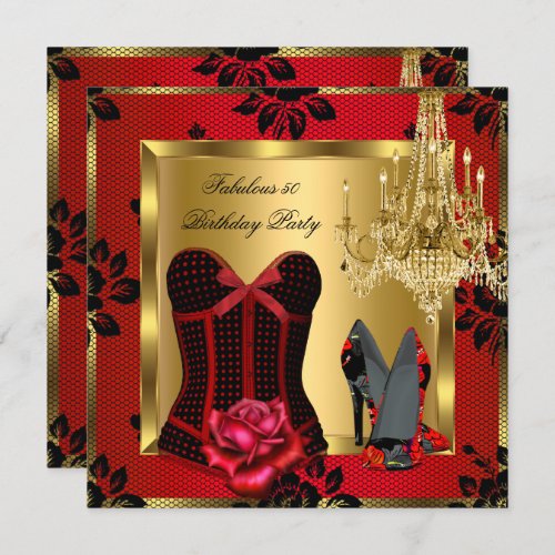 Fabulous 50 Red Heels Chandelier Rose Lace Corset Invitation
