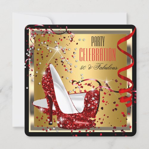 Fabulous 50 Red Heels Gold 50th Birthday Party 2 Invitation