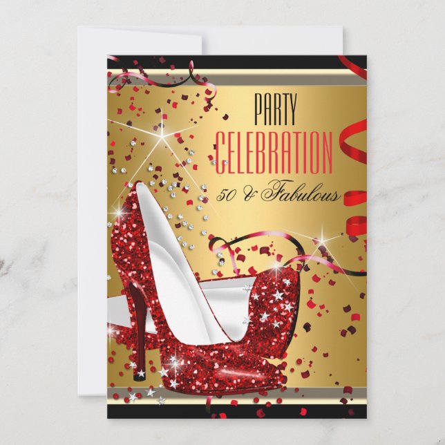 Fabulous 50 Red Heels Gold 50th Birthday Party 2 Invitation (Front)
