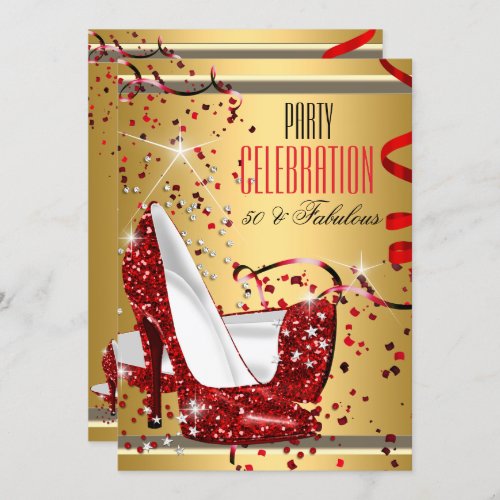 Fabulous 50 Red Heels Gold 50th Birthday Party Invitation