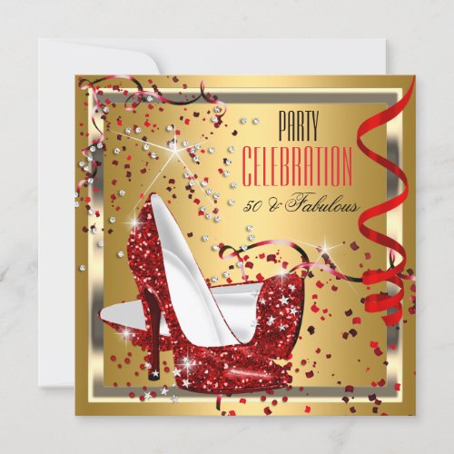 Fabulous 50 Red Heels Gold 50th Birthday Party Invitation