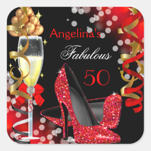 Fabulous 50 Red Heels Gold Bubbles Birthday Party Square Sticker