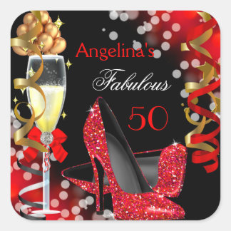 Fabulous 50 Red Heels Gold Bubbles Birthday Party Square Sticker