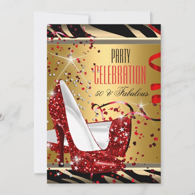Fabulous 50 Red Heels Zebra Gold Birthday Party Invitation (Front)