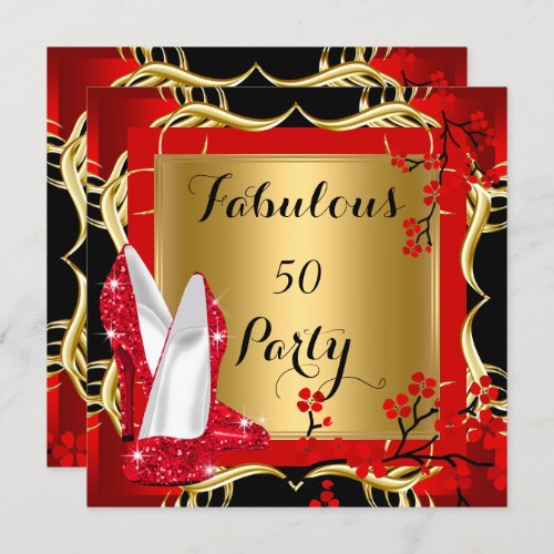 Fabulous 50 Red Hi Heels Blossom Black Gold Invitation