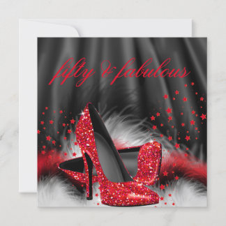 Fabulous 50 Red High Heels Black Silk Birthday Invitation