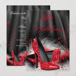 Fabulous 50 Red High Heels Black Silk Birthday Invitation