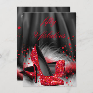 Fabulous 50 Red High Heels Black Silk Birthday Invitation