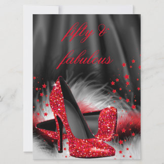 Fabulous 50 Red High Heels Black Silk Birthday Invitation