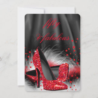 Fabulous 50 Red High Heels Black Silk Birthday Invitation