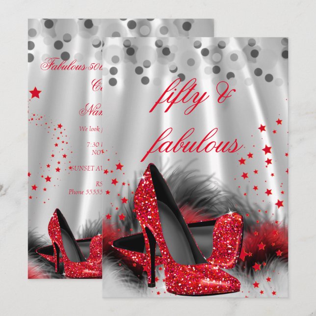 Fabulous 50 Red High Heels Black Silver Birthday 2 Invitation (Front/Back)