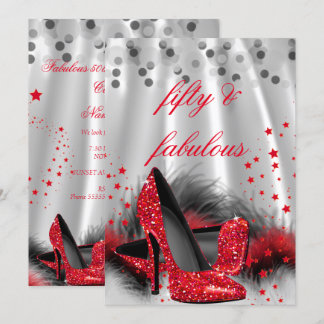 Fabulous 50 Red High Heels Black Silver Birthday 2 Invitation