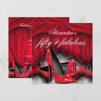 Fabulous 50 Red High Heels Feathers Birthday Invitation
