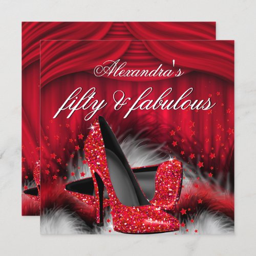 Fabulous 50 Red High Heels Feathers Birthday Invitation