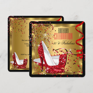 Fabulous 50 Red High Heels Gold Birthday Party Invitation