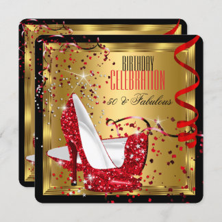 Fabulous 50 Red High Heels Gold Birthday Party Invitation