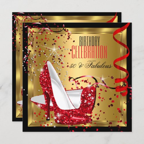 Fabulous 50 Red High Heels Gold Birthday Party Invitation