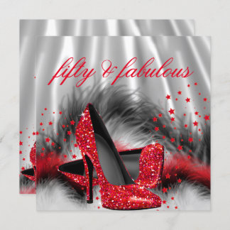 Fabulous 50 Red High Heels Silver Black Silk Party Invitation