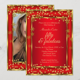 Fabulous 50 Red Photo Gold Snowflake party Invitation