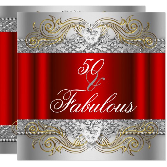 Fabulous 50 Red Silver Gold 50th Birthday Party Invitation