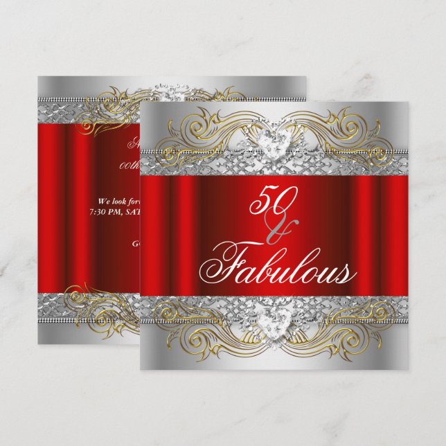 Fabulous 50 Red Silver Gold 50th Birthday Party Invitation (Front/Back)