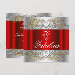 Fabulous 50 Red Silver Gold 50th Birthday Party Invitation