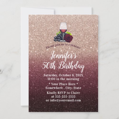 Fabulous 50 Red Wine Burgundy Glitter Birthday Invitation