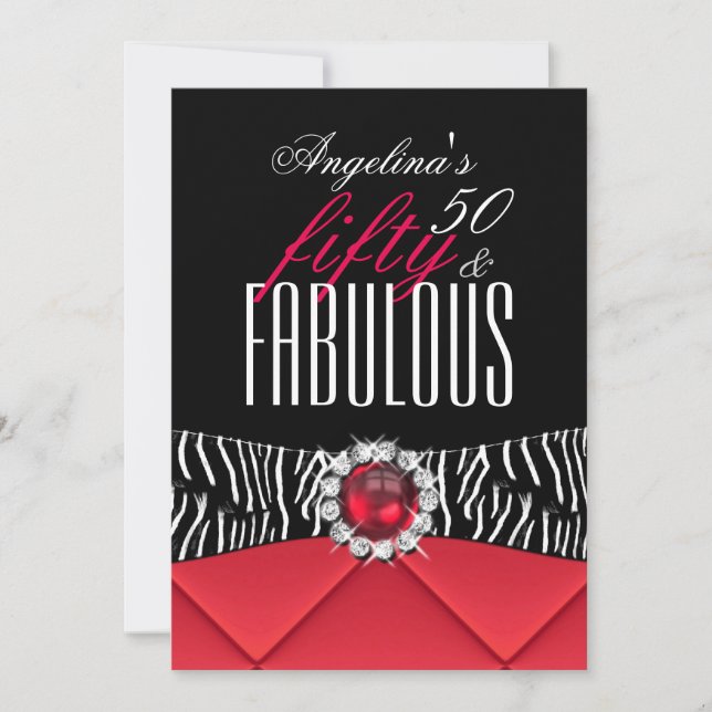 Fabulous 50 Red Zebra Black White Birthday Party 2 Invitation (Front)