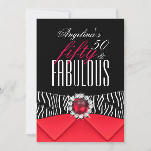 Fabulous 50 Red Zebra Black White Birthday Party 2 Invitation