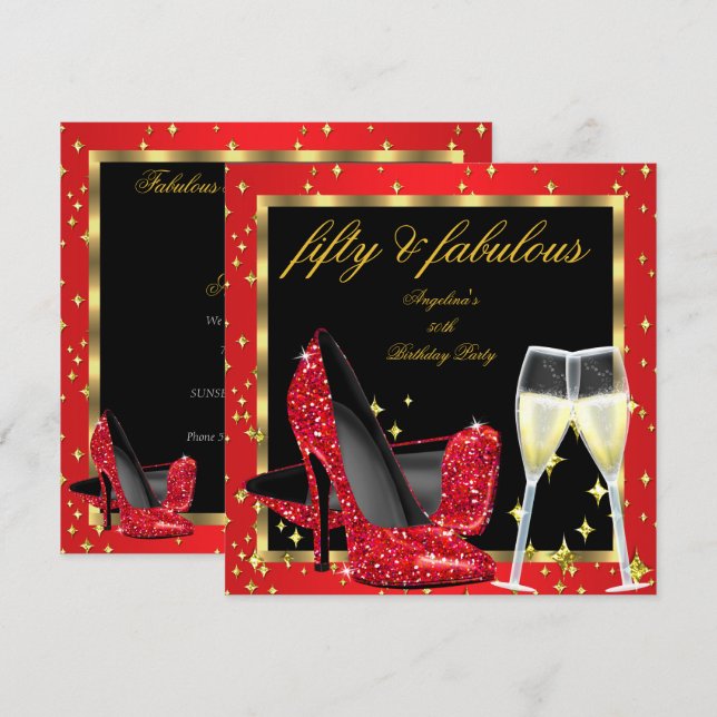 Fabulous 50 Regal Red Champagne Heels Birthday Invitation (Front/Back)