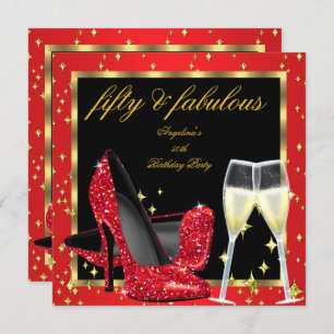 Fabulous 50 Regal Red Champagne Heels Birthday Invitation