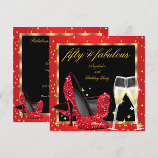 Fabulous 50 Regal Red Champagne Heels Birthday Invitation