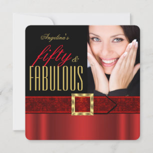 Fabulous 50 Regal Red Gold Black Photo Birthday Invitation