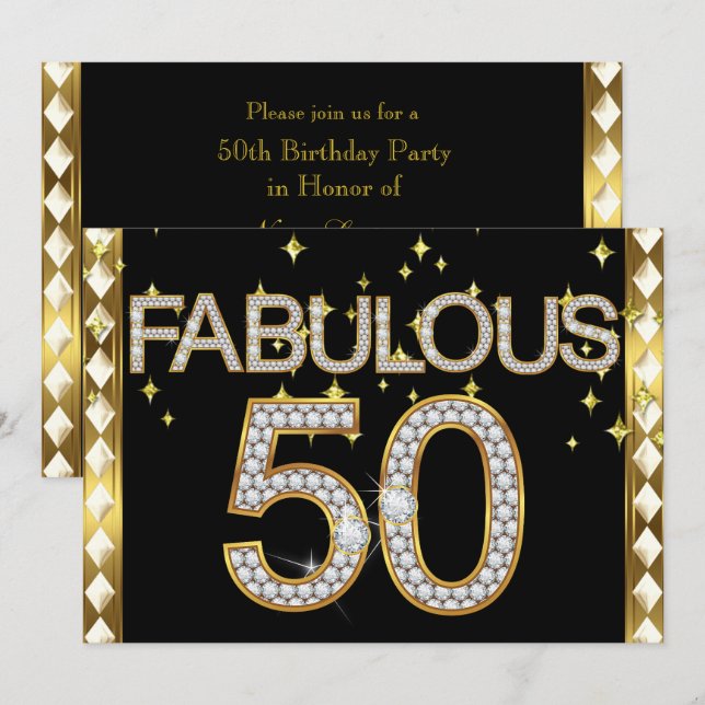 Fabulous 50 Retro Glamour Hollywood Gold Frame Invitation (Front/Back)